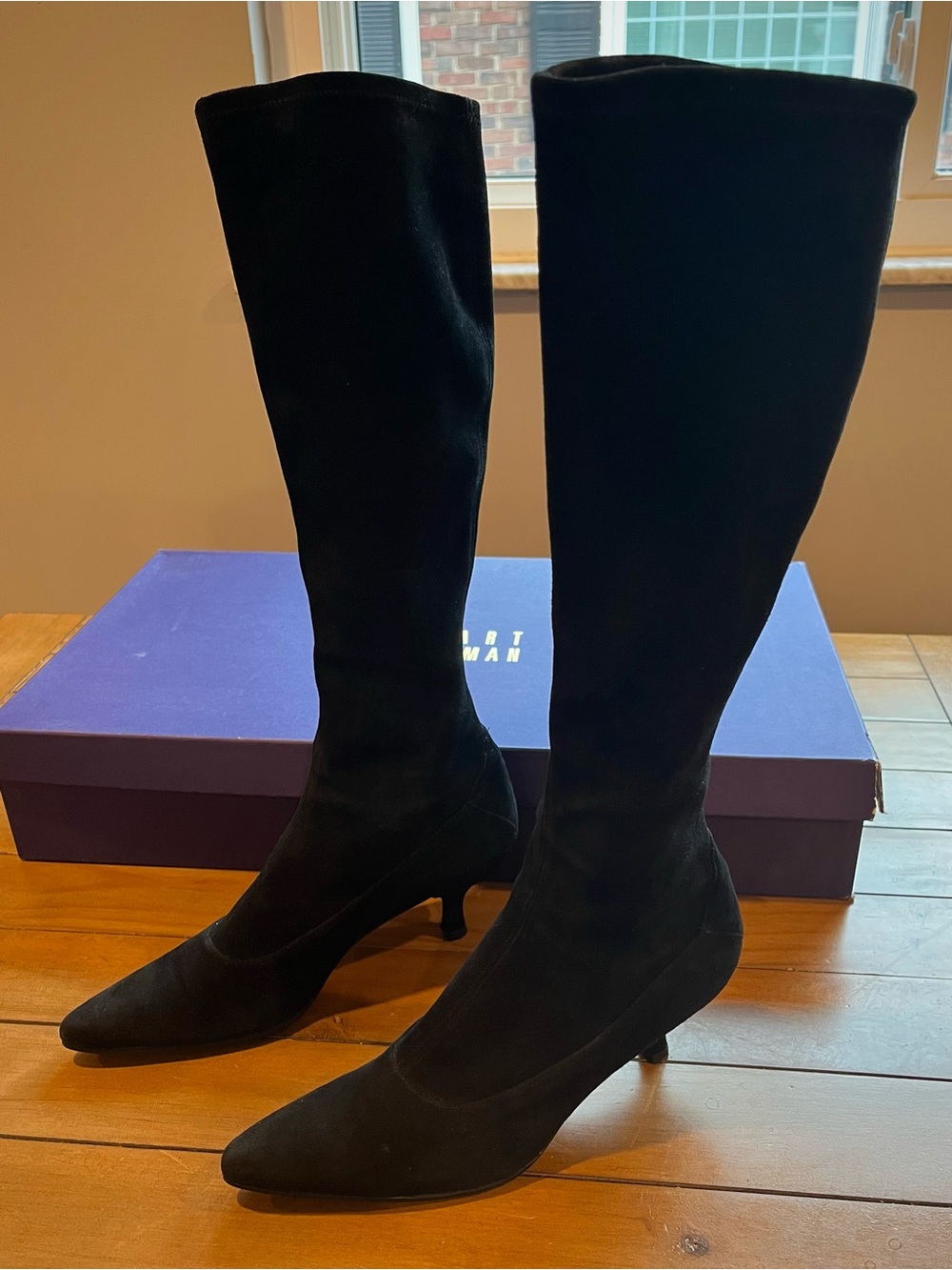 Stuart Weitzman Black Over-the-Knee Pointed-Toe Kitten-Heel Boots